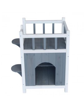 Wooden Cat Pet Home with Balcony Pet House Small Dog Indoor Outdoor Shelter Gray & White